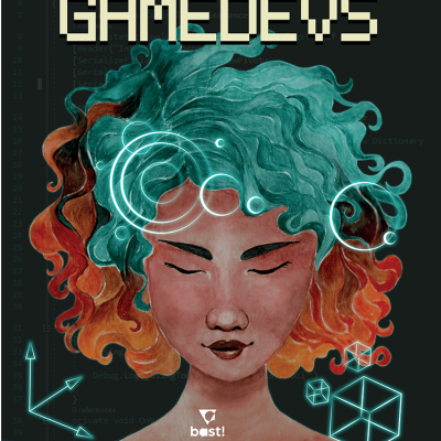 Capa da HQ da pesquisadora Flávia Gasi em parceria com Kaol Porfírio, Crônicas de Minas Gamedevs. (São Paulo, Jambô, 2020). Reprodução.