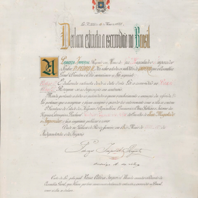 Manuscrito da Lei Áurea (Lei nº 3.353, de 13 de maio de 1888, que declara extincta a escravidão no Brazil). 1888. 1 manuscrito, 2 f. Custódia do Arquivo Histórico do Senado Federal, Brasília, DF.