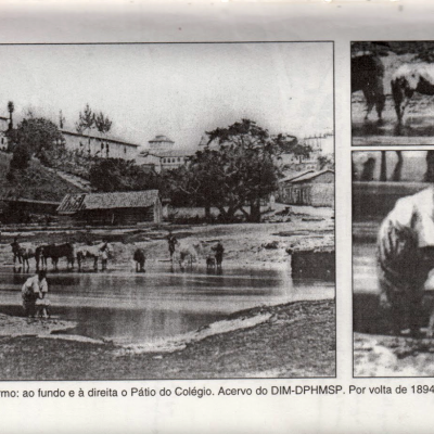 Lavadeira e tratadores de cavalos na Várzea do Carmo, por volta de 1894. Do livro Nem Tudo Era Italiano - São Paulo E Pobreza (1890-1915).