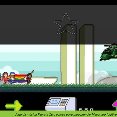 Frame do jogo Recruta Zero, desenvolvido por Rafael Braga, como uma interação lúdico-digital de apoio à composição de mesmo nome, lançada em 2022 pela banda As Menarcas. Reprodução.