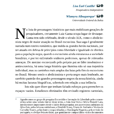 Primeira página do artigo “Família, insurgências e contravenções: memória e história de Luiz Gama na Bahia”, de autoria de  Lisa Louise Earl Castillo e Wlamyra Ribeiro de Albuquerque. Afro-Ásia, Salvador, n. 71, p. 1–49, 2025.