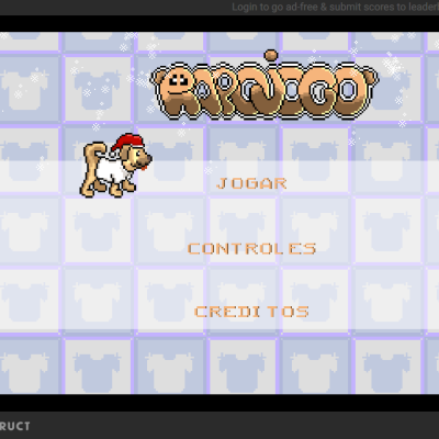 Tela inicial de Rapojogo, um browser game encomendado pela a loja virtual Brusinhas e desenvolvido pelo estúdio Subsolo Games em 2022. Reprodução.