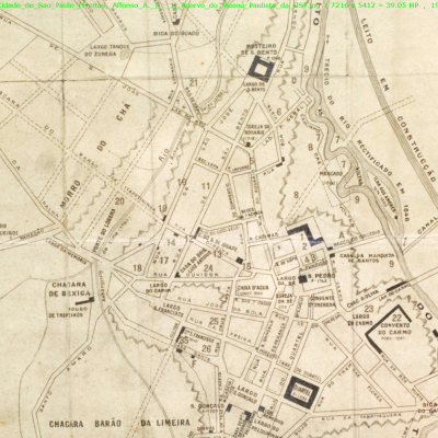 As sucessivas obras de retificação do rio Tamanduateí, afetando a Várzea do Carmo. Planta Histórica da Cidade de São Paulo 1800-1874, de Affonso de Freitas.