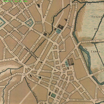 Detalhe de mapa com a Várzea do Carmo em 1890. Planta da Capital de São Paulo, 1890, de Jules Martin.