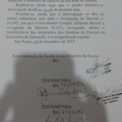 Termo de entrega da escola com o fim da ocupação. Escola Estadual Martin Egidio Damy. Acervo pessoal, Brasilândia, São Paulo. 2015.
