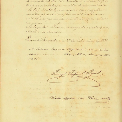 Lei nº 2.040, de 28 de setembro de 1871 (Lei do Ventre Livre) [manuscrito], p.8. Arquivo do Senado Federal / Biblioteca Nacional Digital.