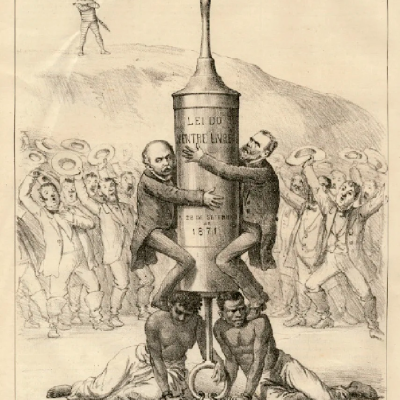 Charge de Ângelo Agostini, publicada em 1884, que aborda criticamente a Lei do Ventre Livre de 1871 no contexto da sociedade do Brasil Imperial. Revista Illustrada, ano 9, n. 387, p. 4, 31 de julho de 1884. Acervo Fundação Biblioteca Nacional (FBN).