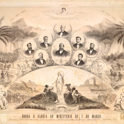 Honra e Glória ao Ministério de 7 de Março Litografia de Henrique Fleiuss, 1871, produzida em referência ao gabinete presidido pelo Visconde do Rio Branco após a aprovação da Lei do Ventre Livre. Acervo Iconográfico da Fundação Biblioteca Nacional: Fundação Biblioteca Nacional.